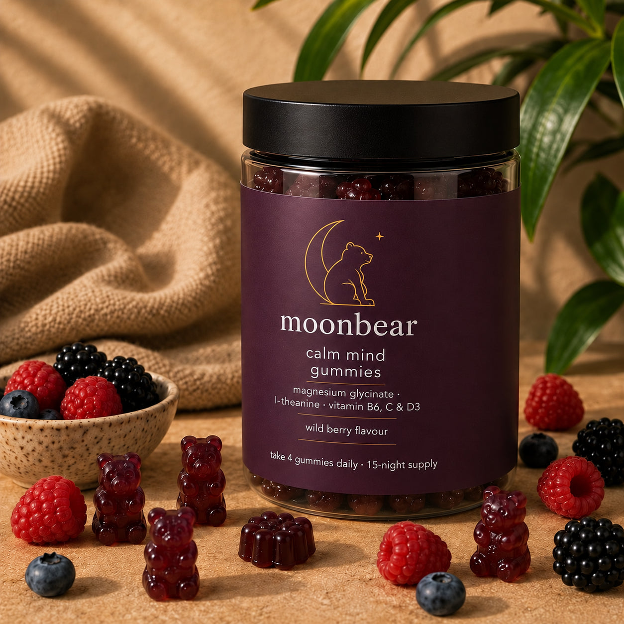 Moonbear Calm Mind Gummies jar (wild berry) with scattered berries and bear gummies