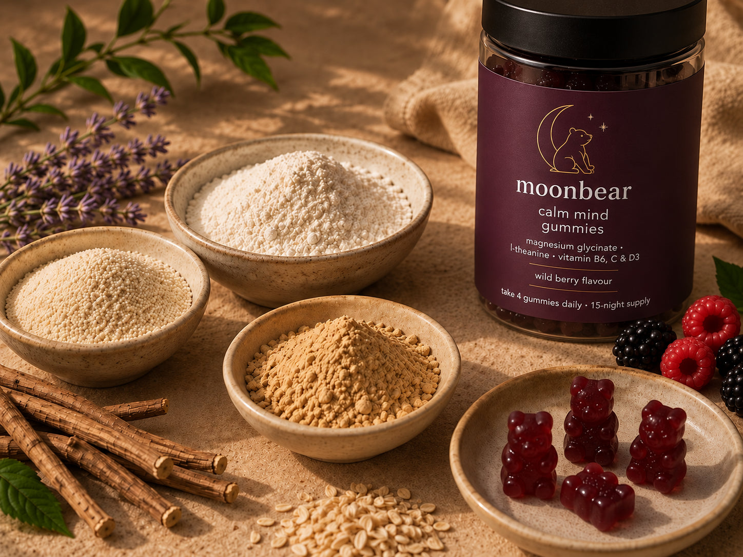 Moonbear Calm Mind Gummies still life with ingredients