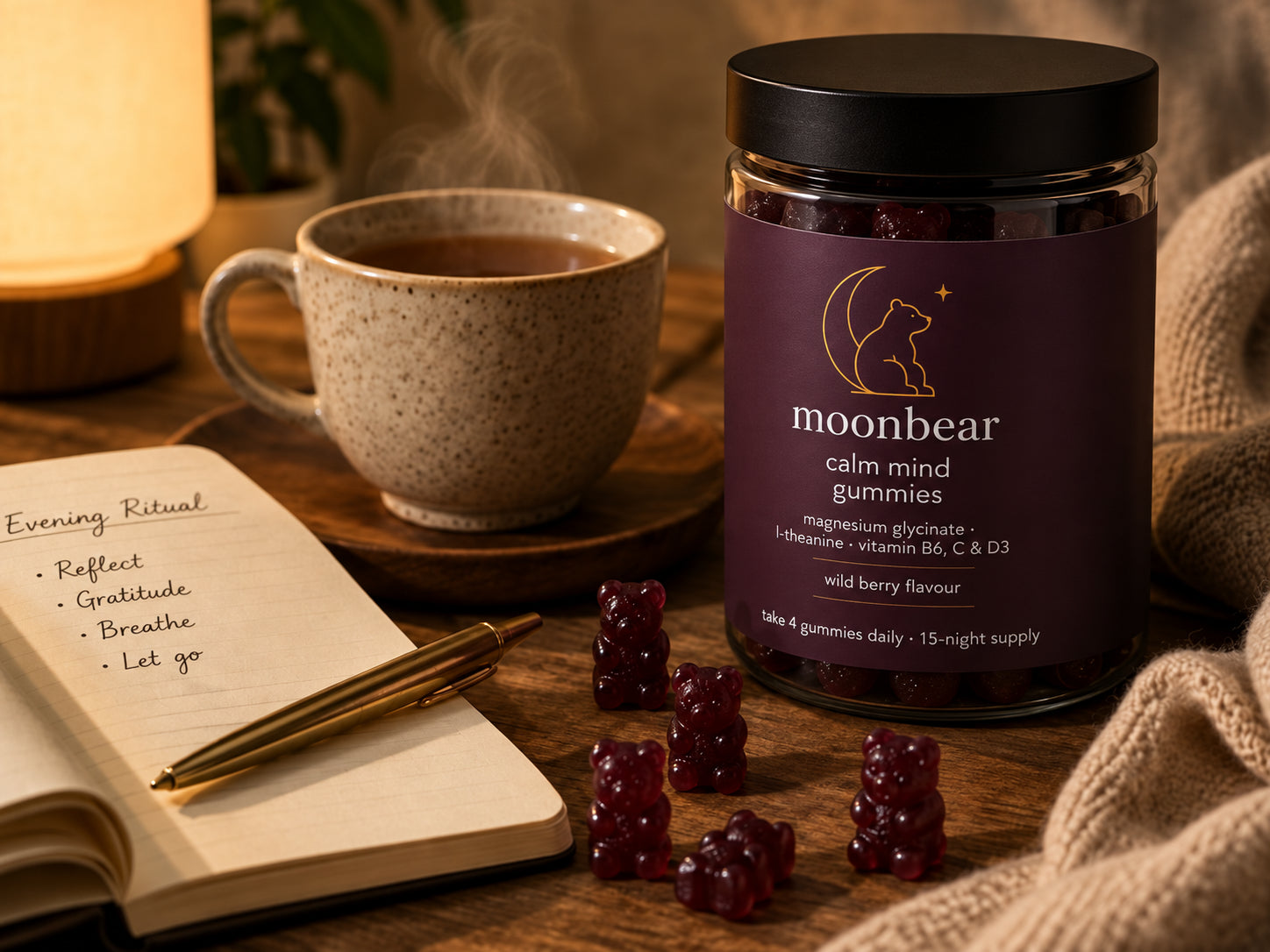 Cosy evening ritual with moonbear gummies, tea and a journal